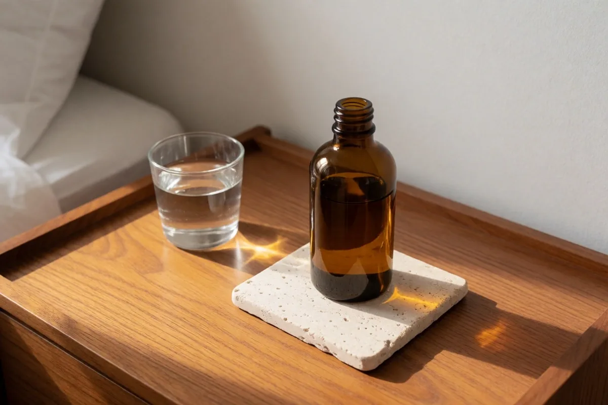 Amber supplement bottle with morning water on warm table