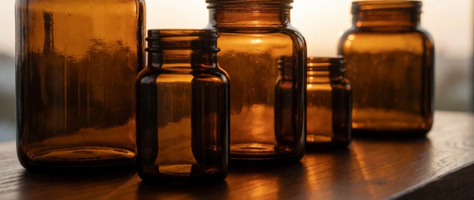 Amber supplement bottles arranged on warm paper