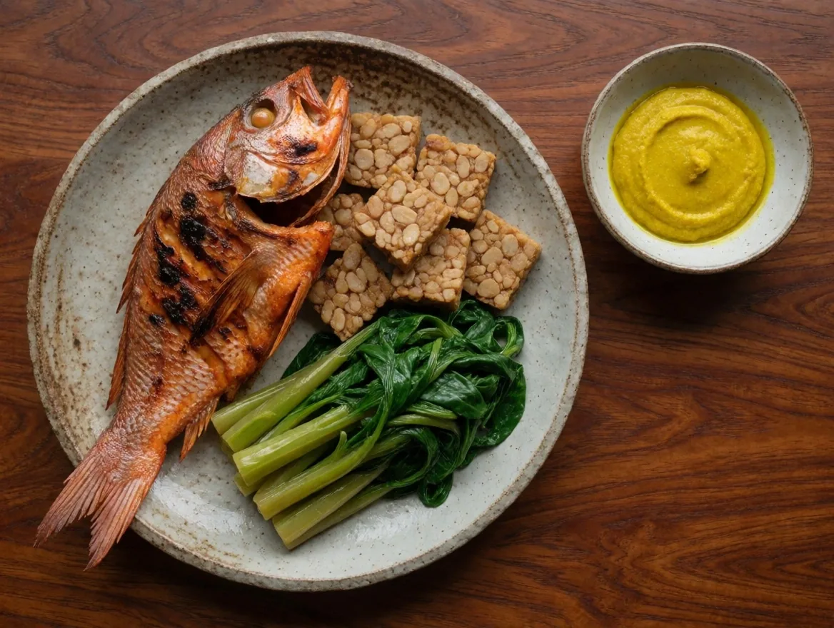 A nutritious Indonesian meal with fish, tempeh, and vegetables