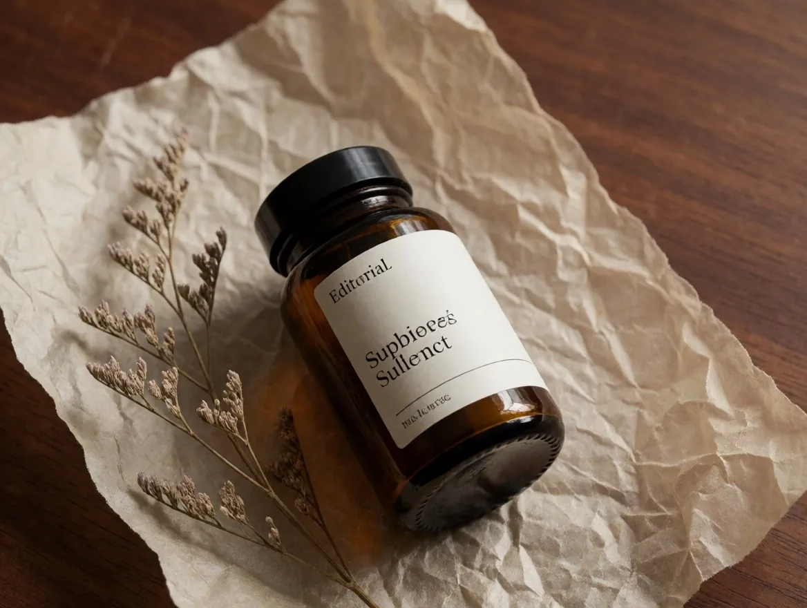 An amber supplement bottle on a warm surface